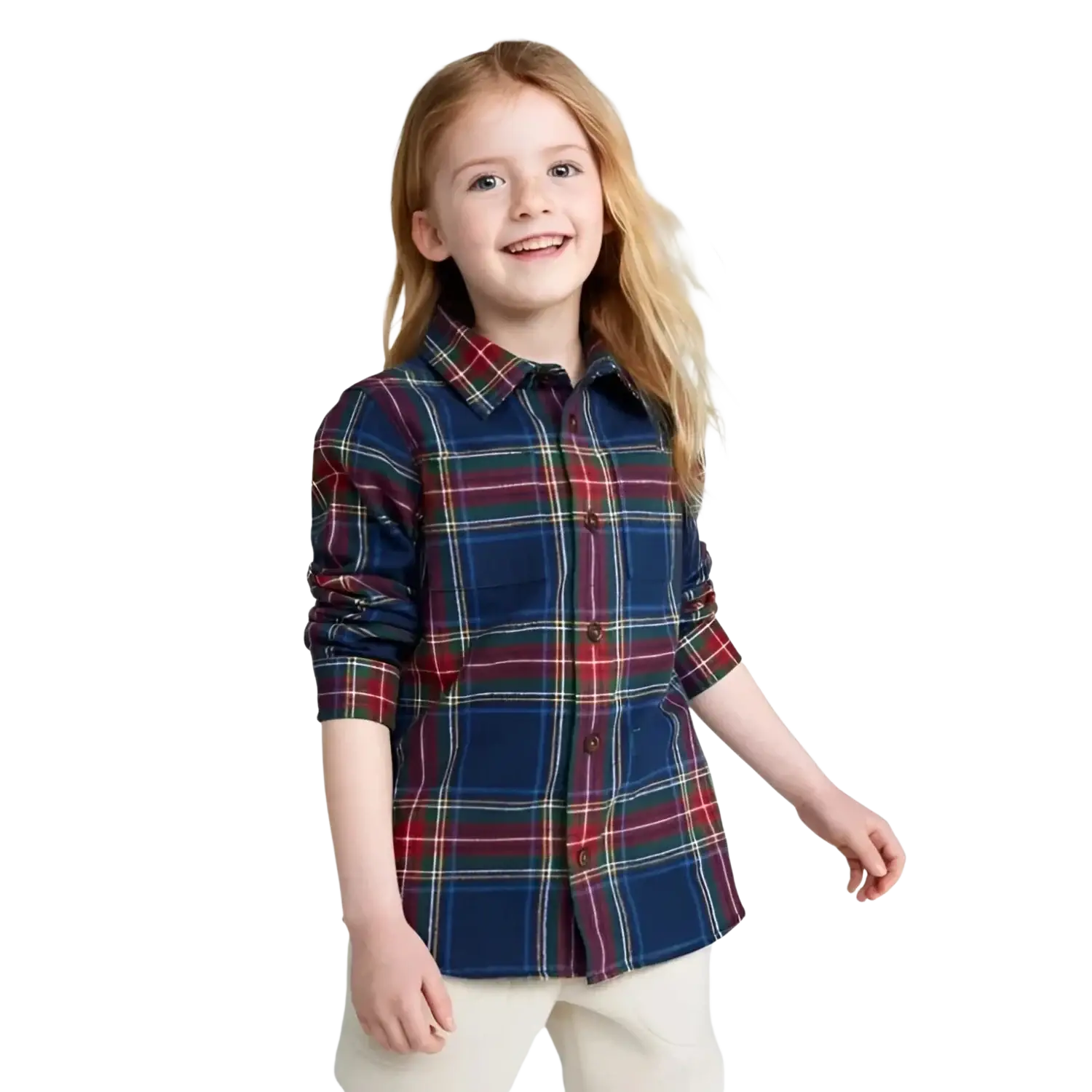 L.L. Bean Kid's Scotch Plaid Flannel Shirt in blue plaid, on girl model