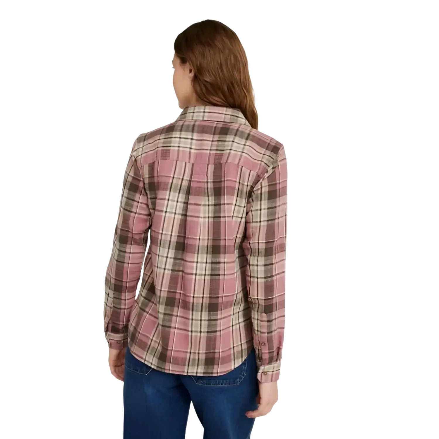 L.L. Bean Women's 1912 Field Flannel Shirt  in pink, on model back view