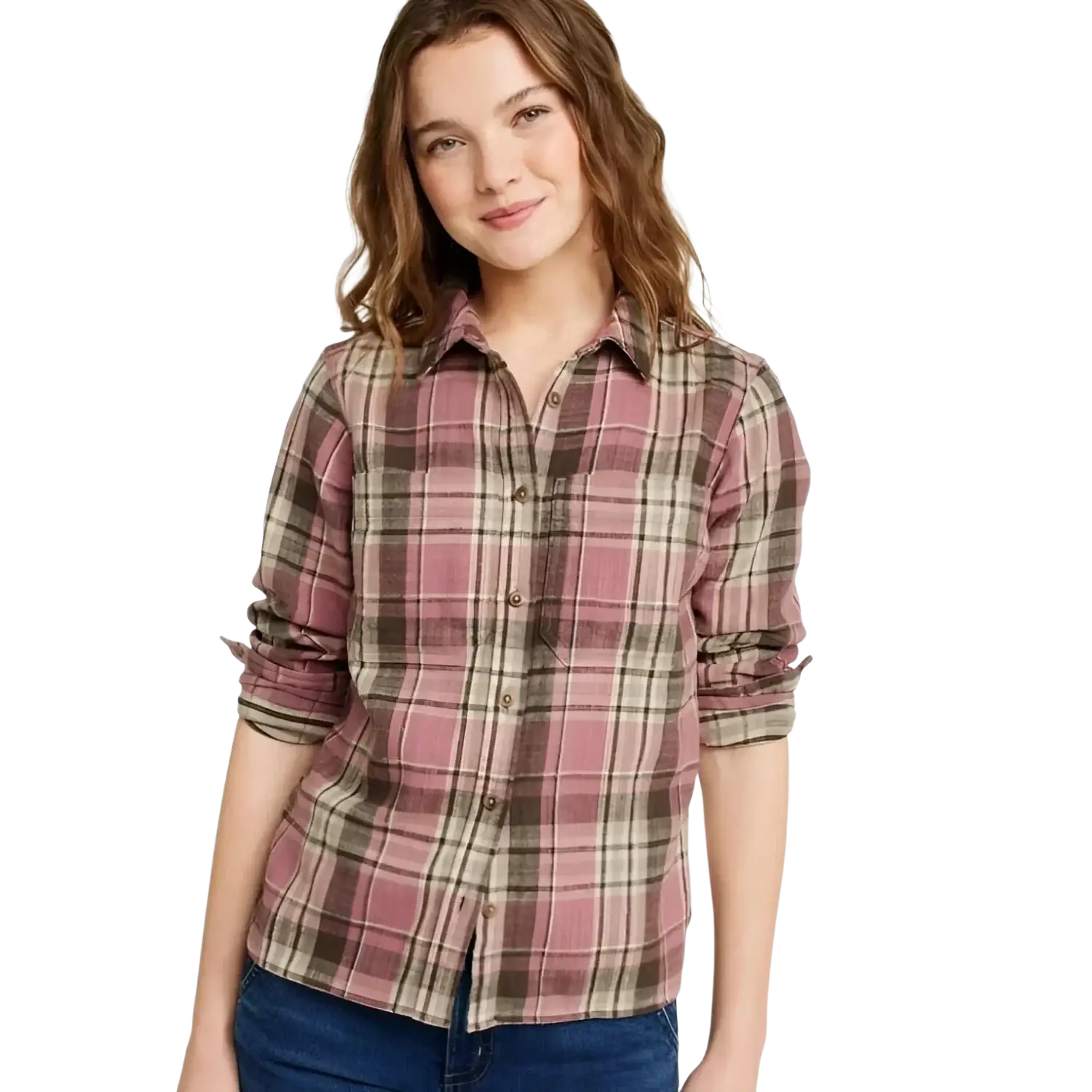 L.L. Bean Women's 1912 Field Flannel Shirt  in pink, on model front view