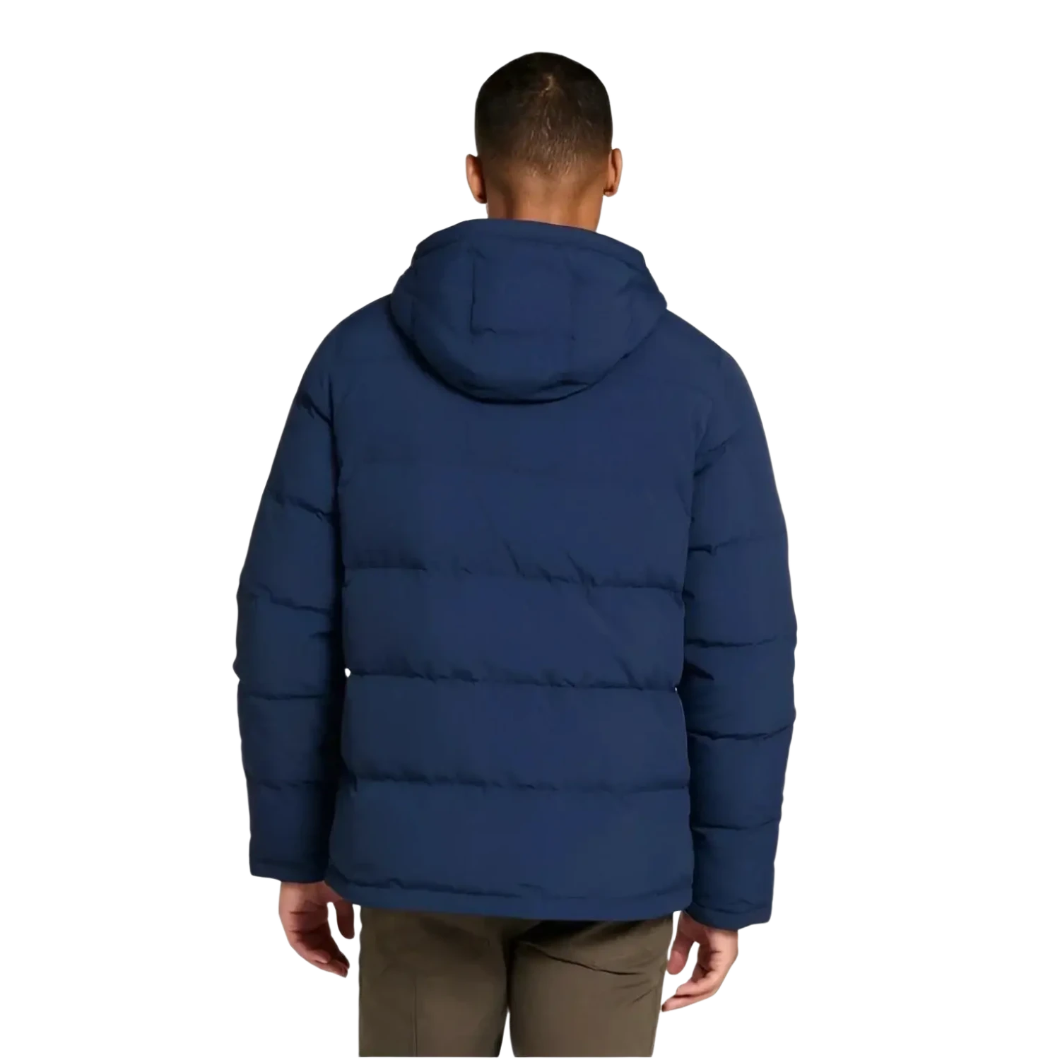 LL Bean Men's Bean's Utility Puffer Jacket in nautical navy, on model back view