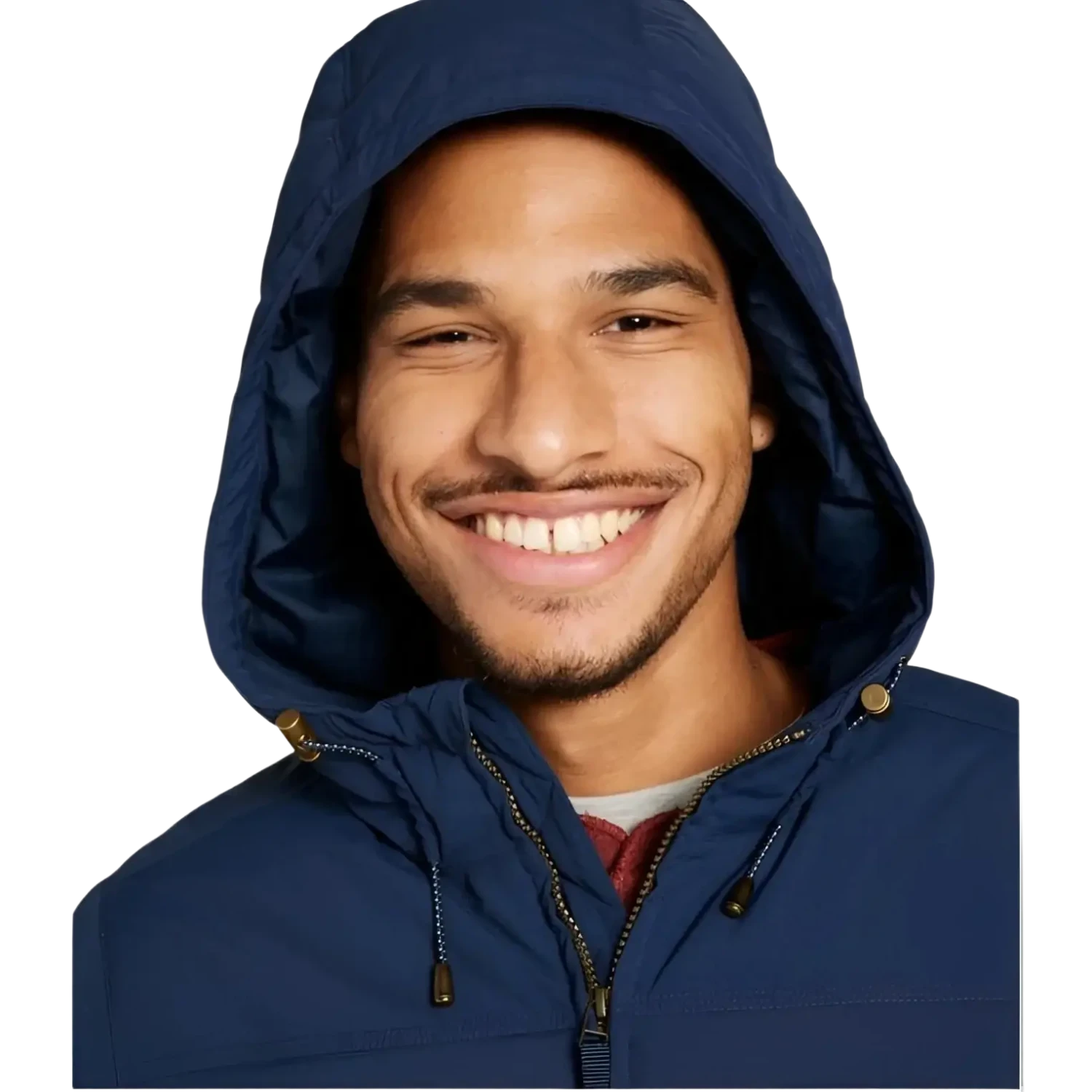 LL Bean Men's Bean's Utility Puffer Jacket in nautical navy, on model hood up view