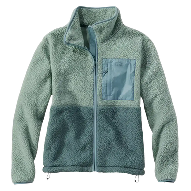 L.L. Bean Women's Mountainside Colorblock Fleece Jacket in faded sage & balsam, front view