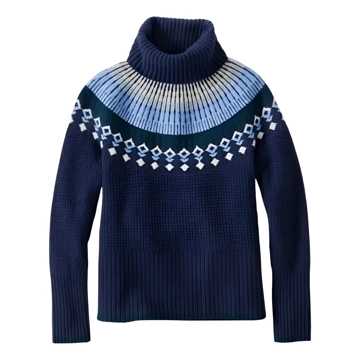 L.L. Bean Women's SuperSoft Waffle Turtleneck Fair Isle Sweater in classic navy & mariner blue, flat front view