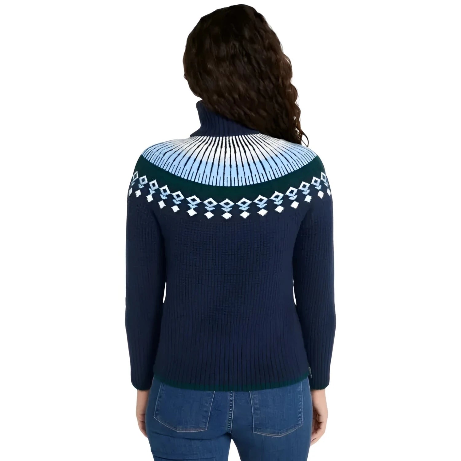 L.L. Bean Women's SuperSoft Waffle Turtleneck Fair Isle Sweater in classic navy & mariner blue, model back view