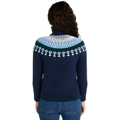 L.L. Bean Women's SuperSoft Waffle Turtleneck Fair Isle Sweater in classic navy & mariner blue, model back view