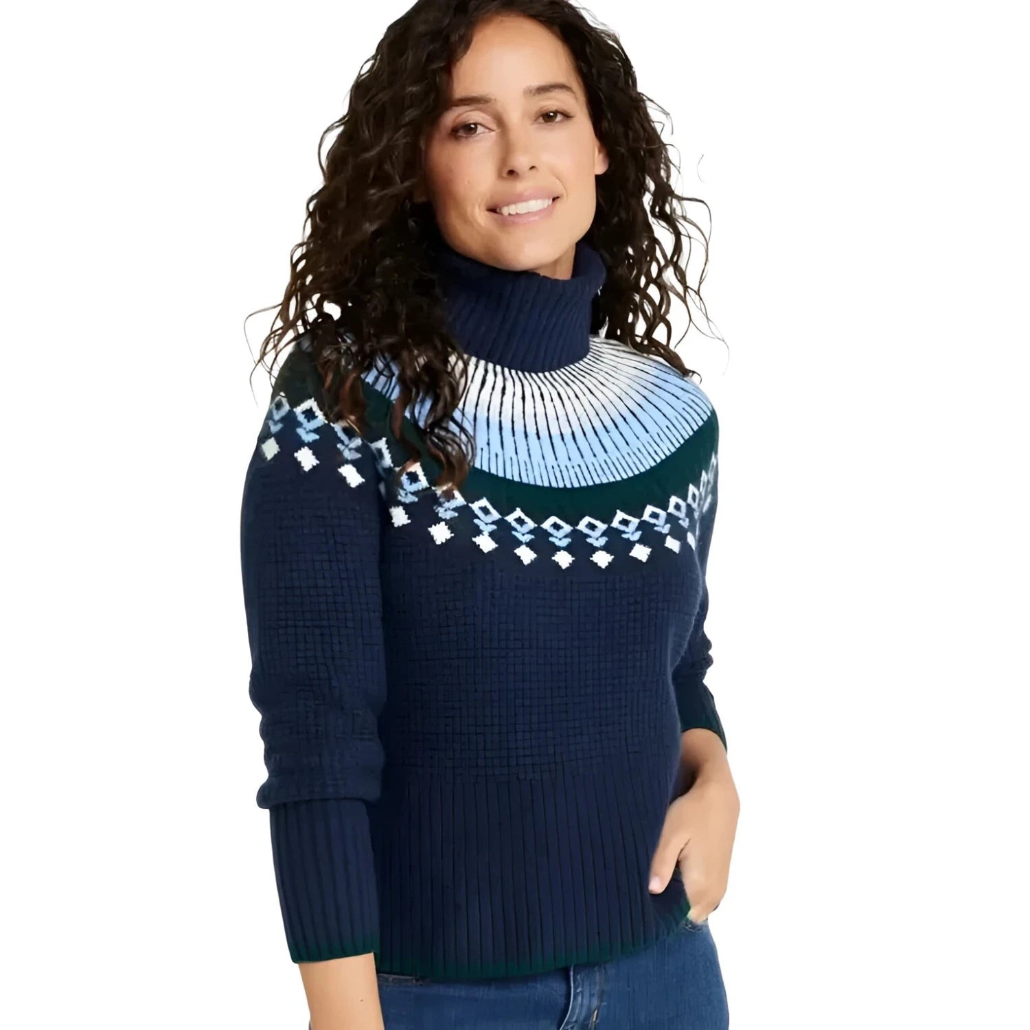 L.L. Bean Women's SuperSoft Waffle Turtleneck Fair Isle Sweater in classic navy & mariner blue, model front view