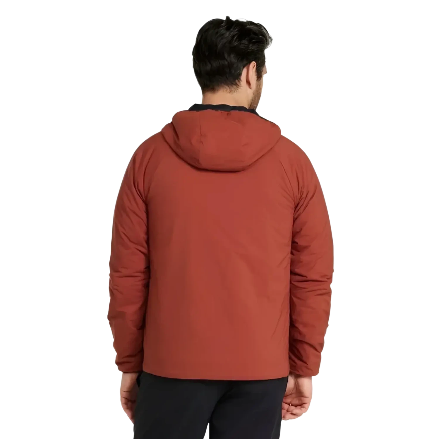 L.L. Bean Men's PrimaLoft Packaway Air Hoodie in red chestnut, on model back view