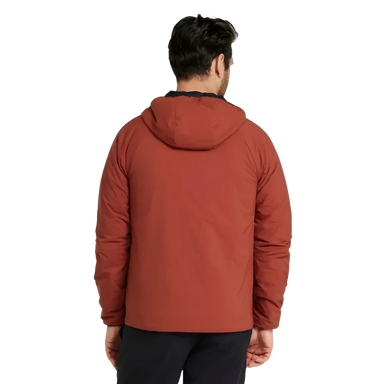 L.L. Bean Men's PrimaLoft Packaway Air Hoodie in red chestnut, on model back view