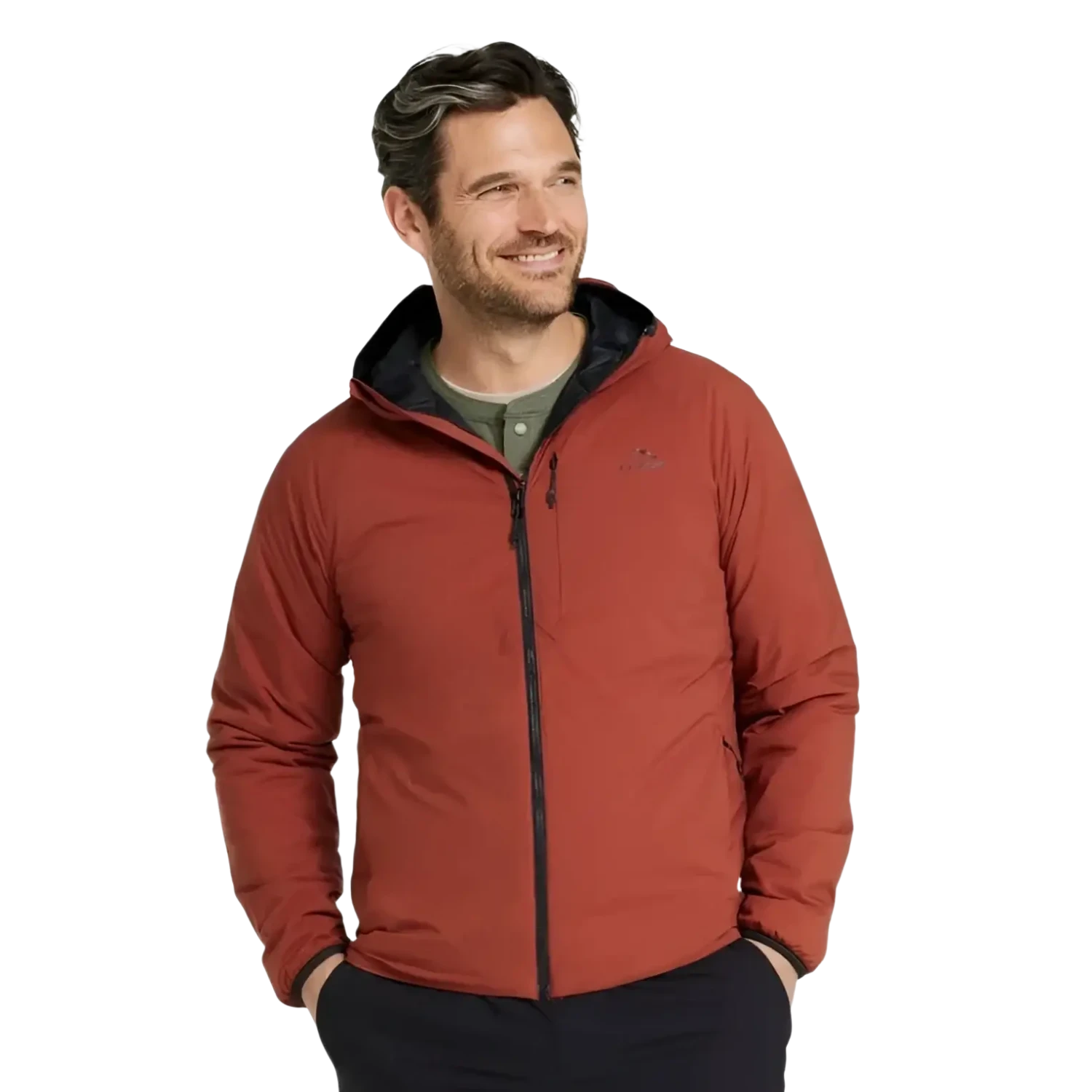 L.L. Bean Men's PrimaLoft Packaway Air Hoodie in red chestnut, on model front view