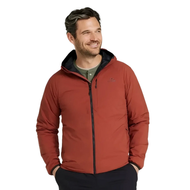 L.L. Bean Men's PrimaLoft Packaway Air Hoodie in red chestnut, on model front view