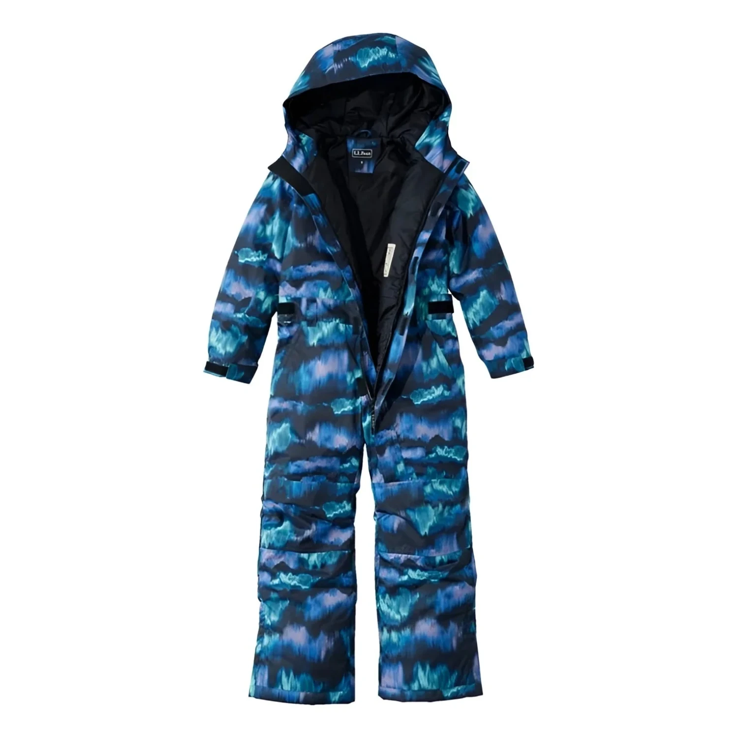 L.L. Bean Kid's Cold Buster Snowsuit in aurora print, front view unzipped