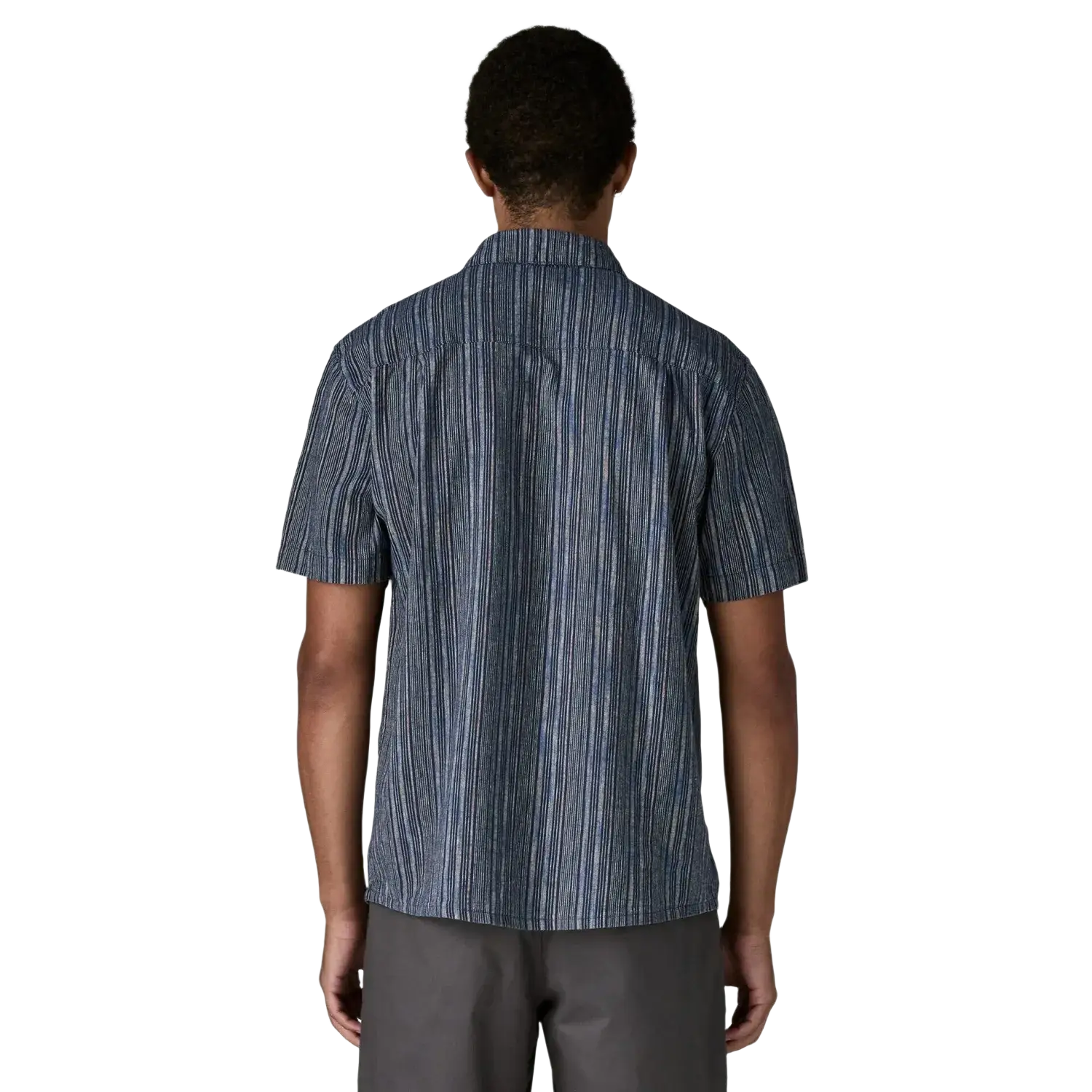 Patagonia Men's Back Step Shirt in rapids & new navy, on model back view
