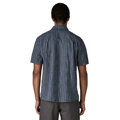 Patagonia Men's Back Step Shirt in rapids & new navy, on model back view