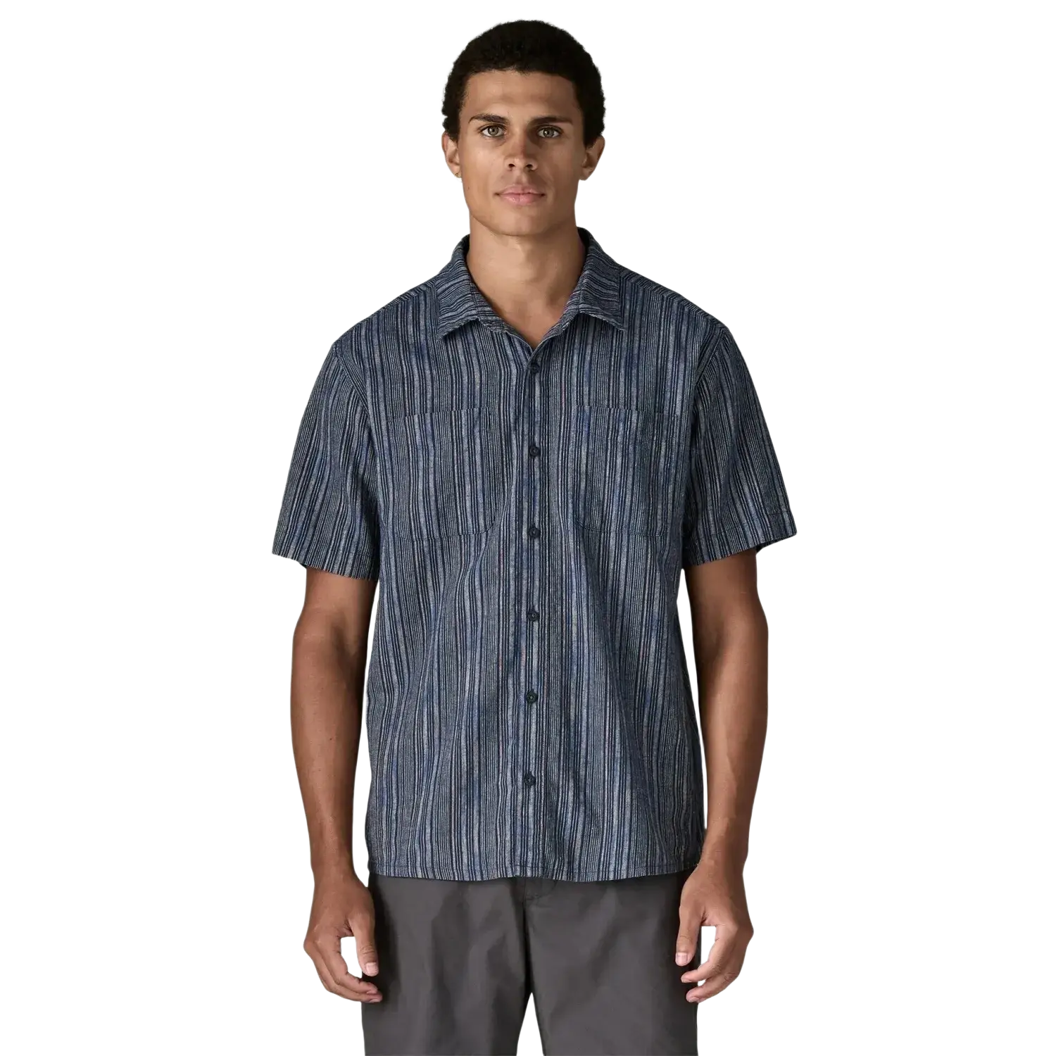 Patagonia Men's Back Step Shirt in rapids & new navy, on model front view