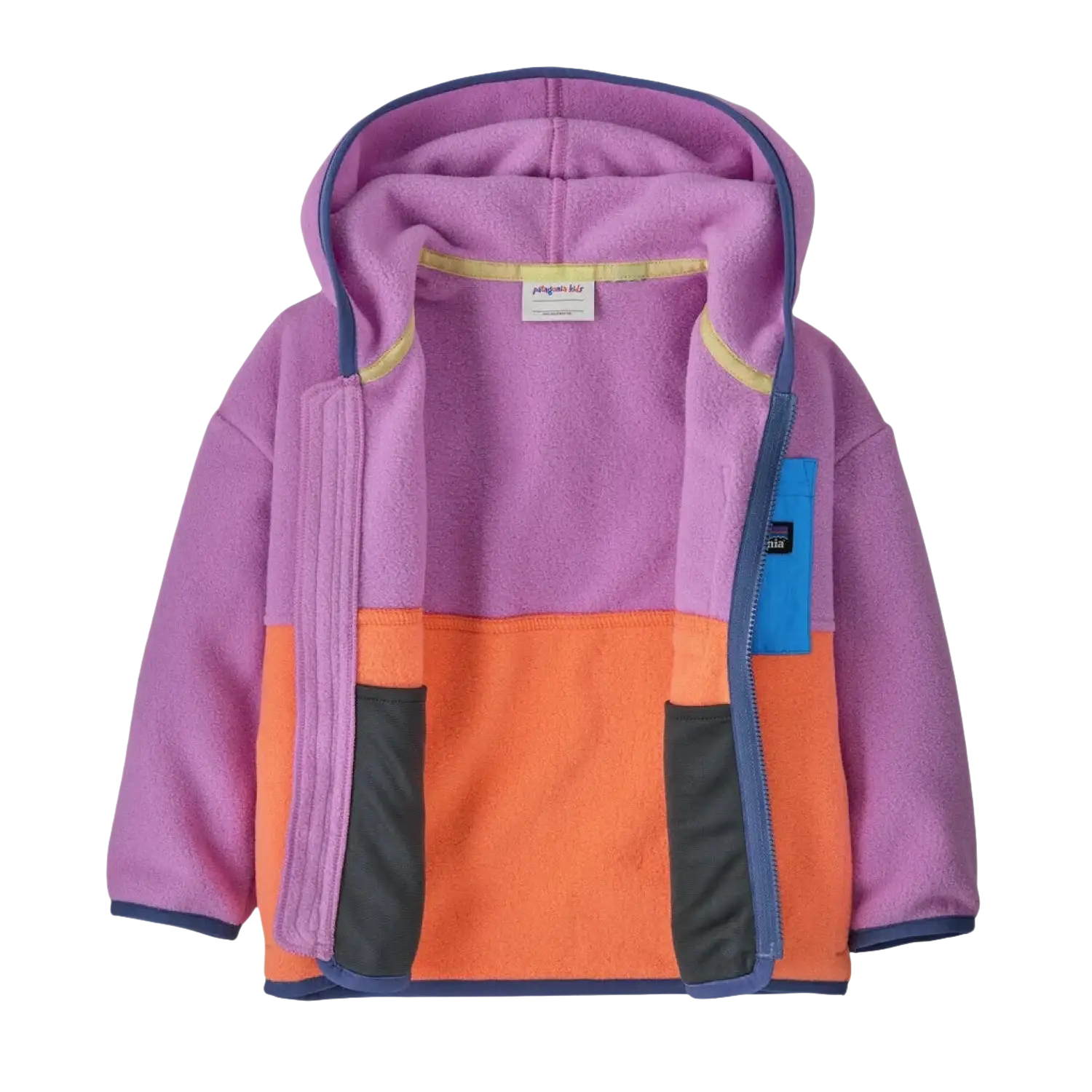 Patagonia Baby Synchilla® Fleece Hoody in brisk purple, front view unzipped