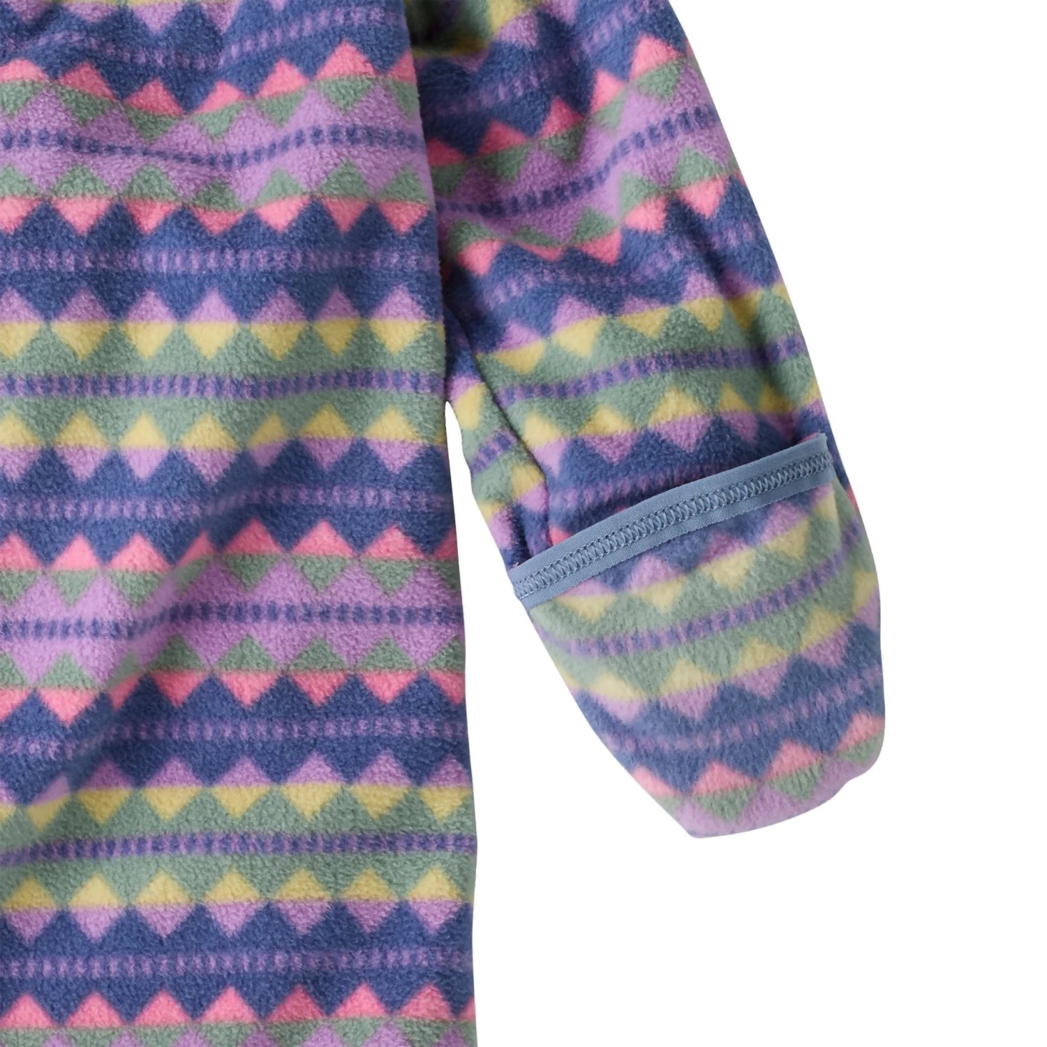 Patagonia Baby Micro D® Fleece Bunting in diamond stripe & brisk purple, fold over sleeves detail
