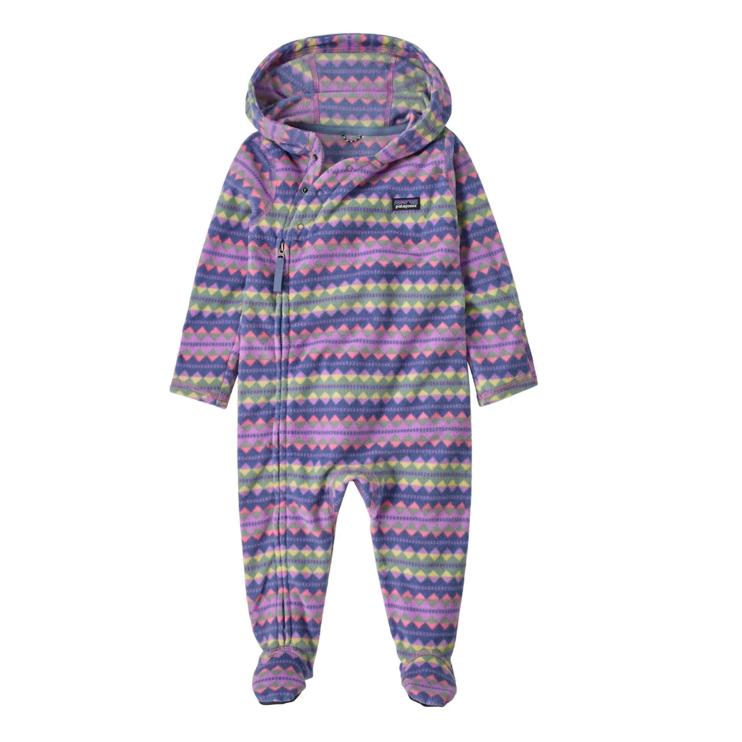 Patagonia Baby Micro D® Fleece Bunting in diamond stripe & brisk purple, flat front view