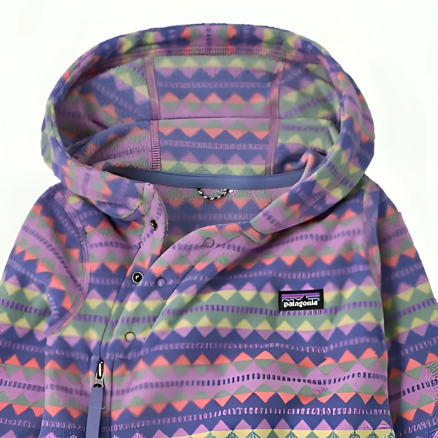 Patagonia Baby Micro D® Fleece Bunting in diamond stripe & brisk purple, up-close hood & snaps view