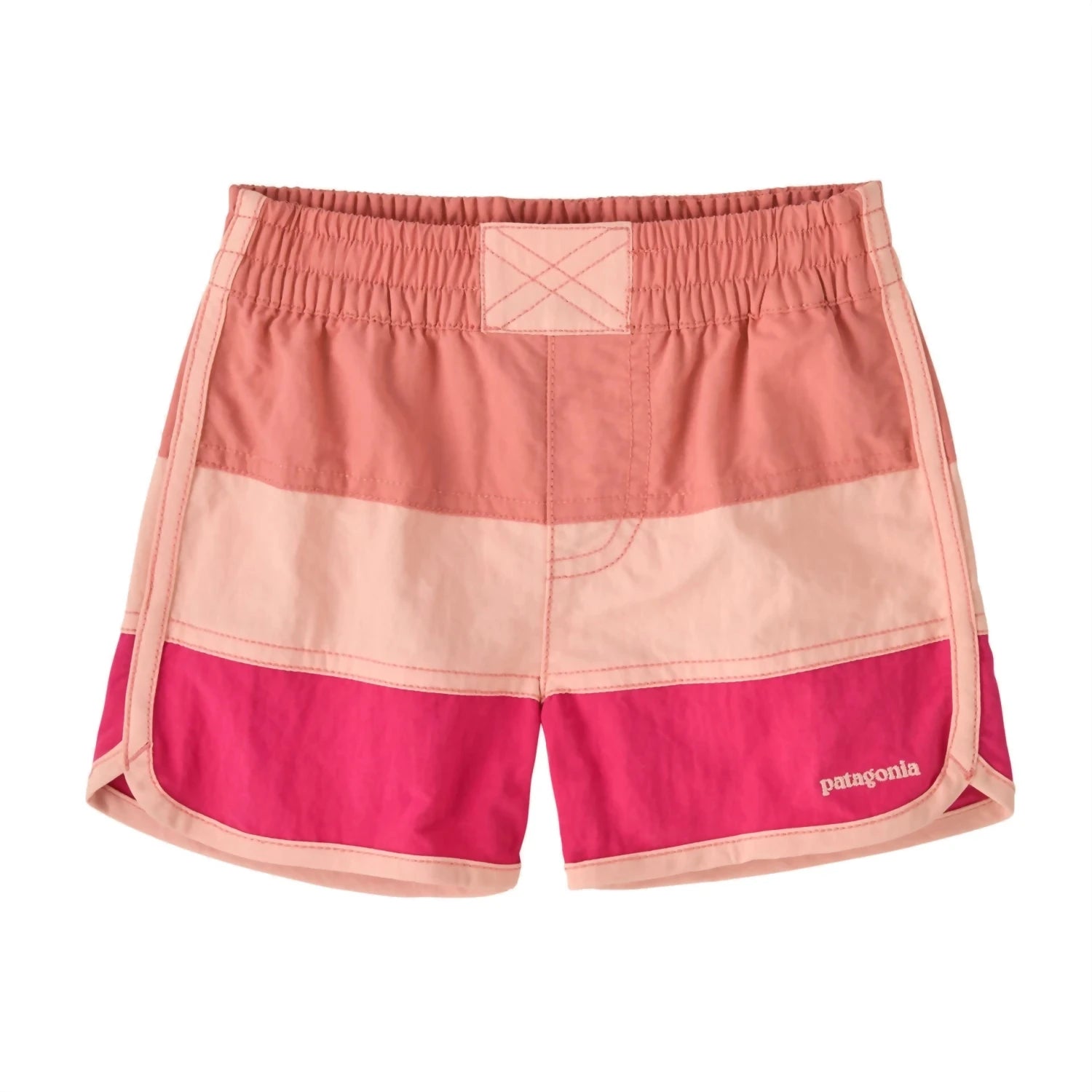 Patagonia Baby Boardshorts in peak pink, flat front