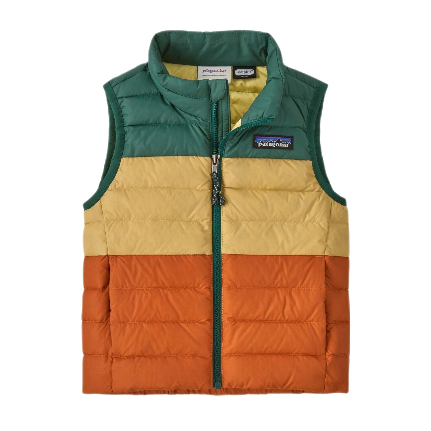 Patagonia Baby Down Sweater™ Vest in conifer green, green, gold & orange colorblock vest, flat front view