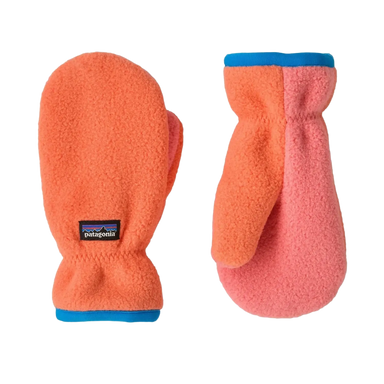 Patagonia Baby Pita Pocket Mittens in orange peel, pair top & bottom view