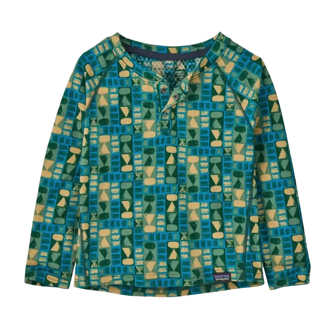 Patagonia Baby Capilene® Midweight Henley in treeline & uplift blue, front view