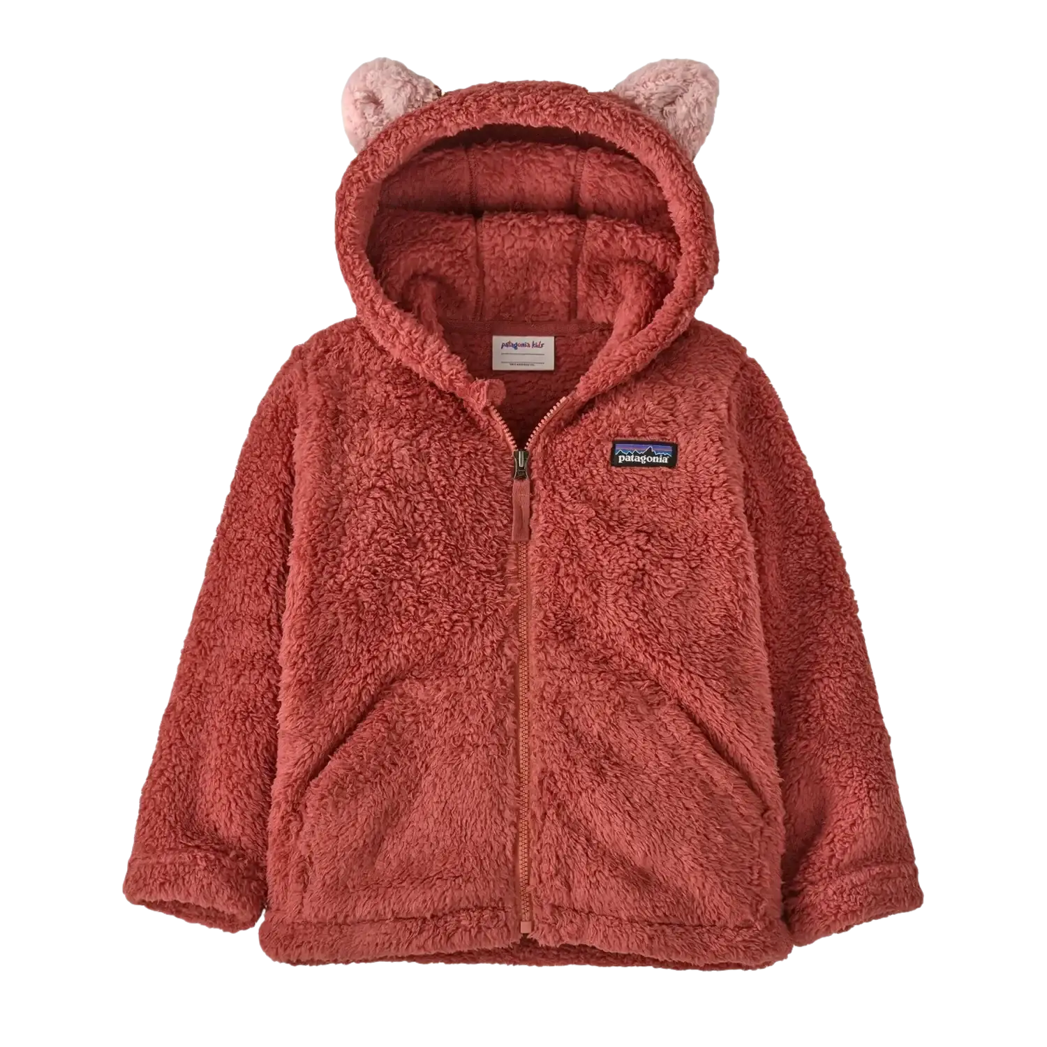 Patagonia Baby Furry Friends Fleece Hoody in potters red, flat front view