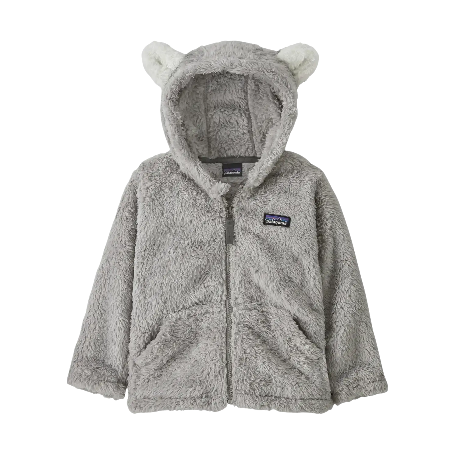 Patagonia Baby Furry Friends Fleece Hoody in salt grey, flat front view