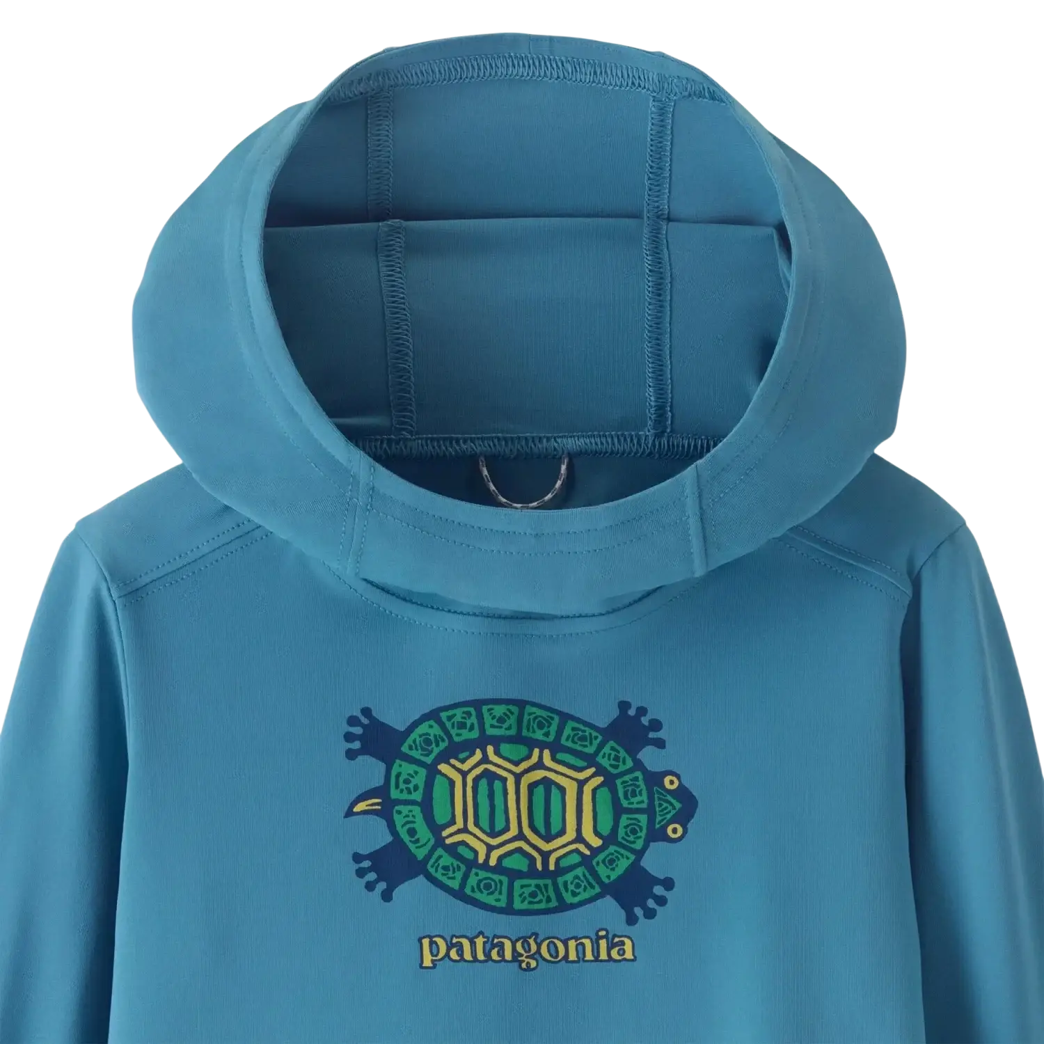 Patagonia Baby Capilene® Silkweight Hoody in island turtle & shore blue, hood detail view