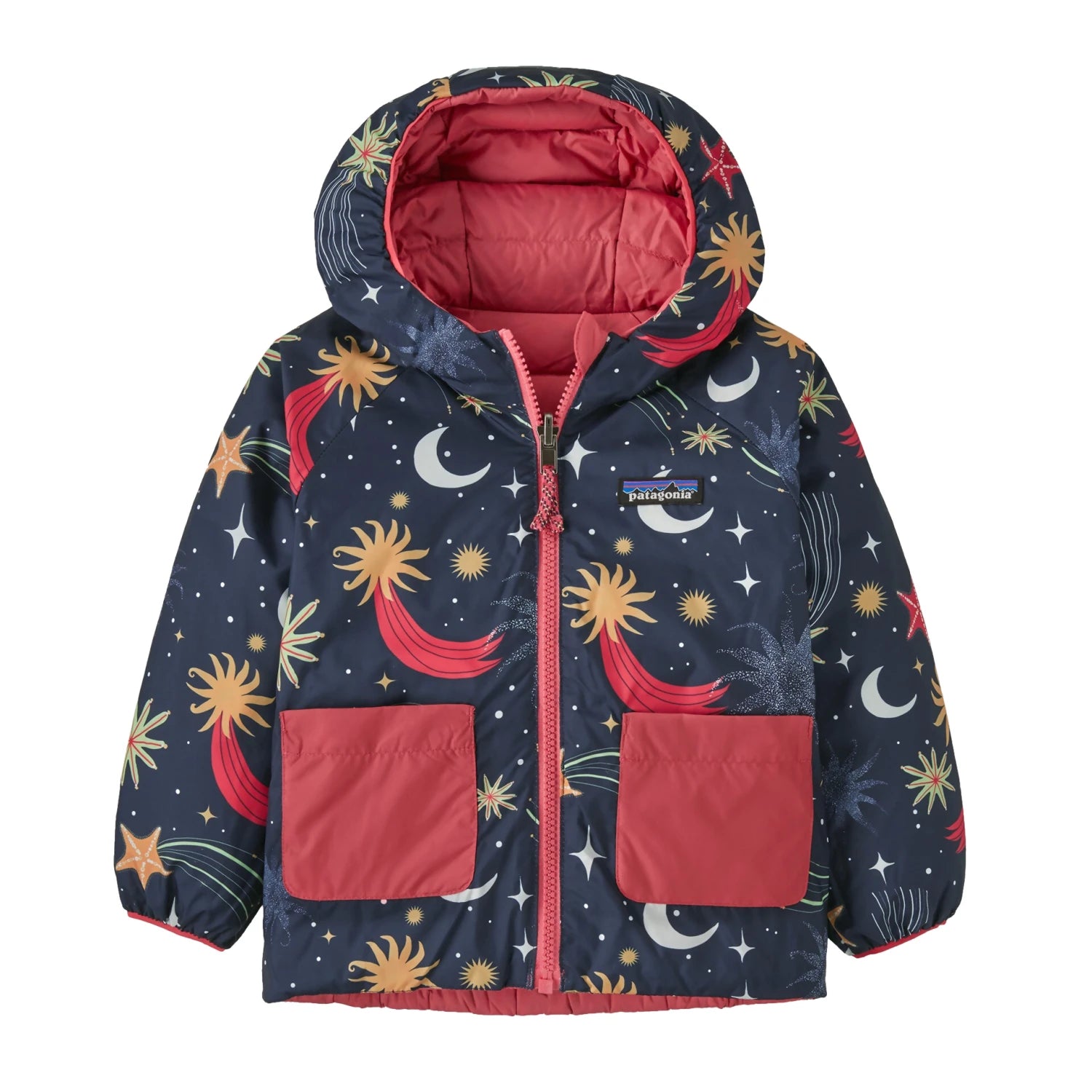 Patagonia Baby Reversible Down Sweater™ Hoody in cosmic sea & new navy, reversed flat front 