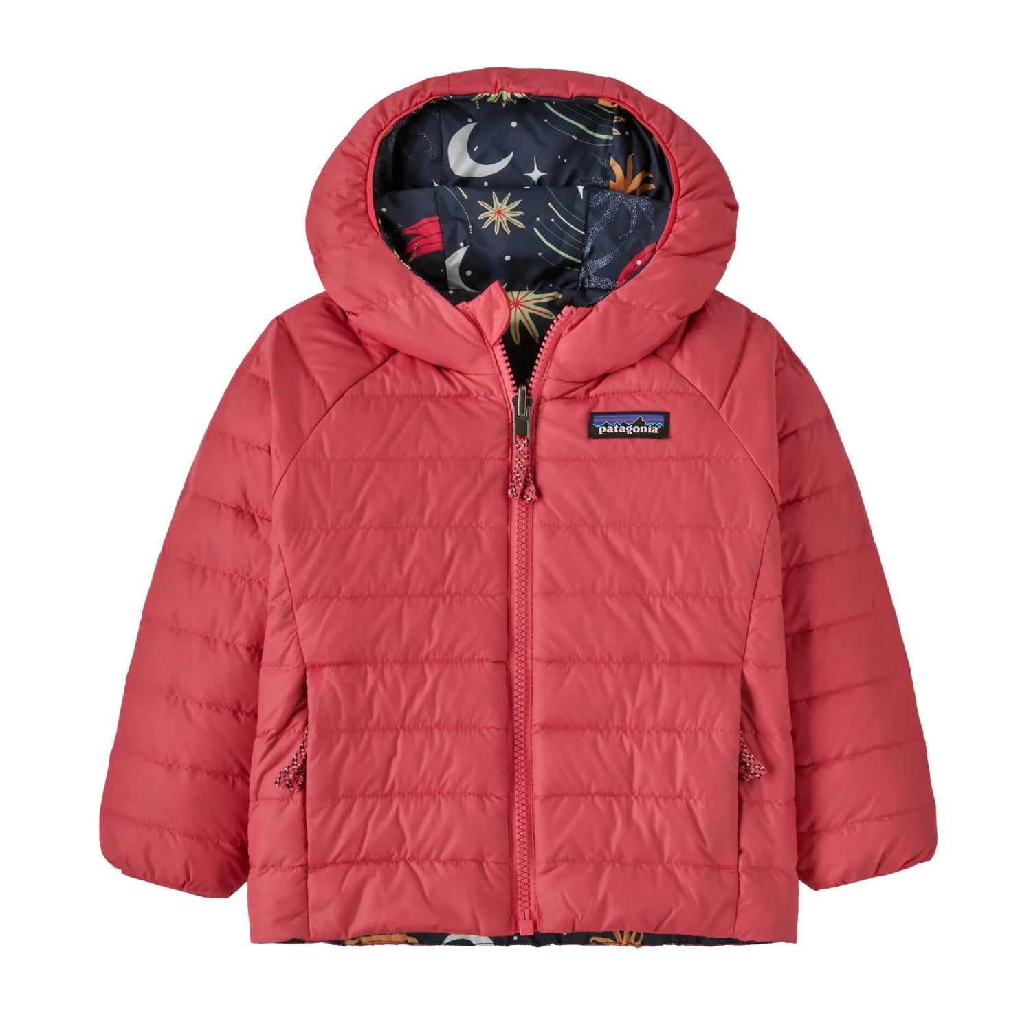 Patagonia Baby Reversible Down Sweater™ Hoody in cosmic sea & new navy, flat front