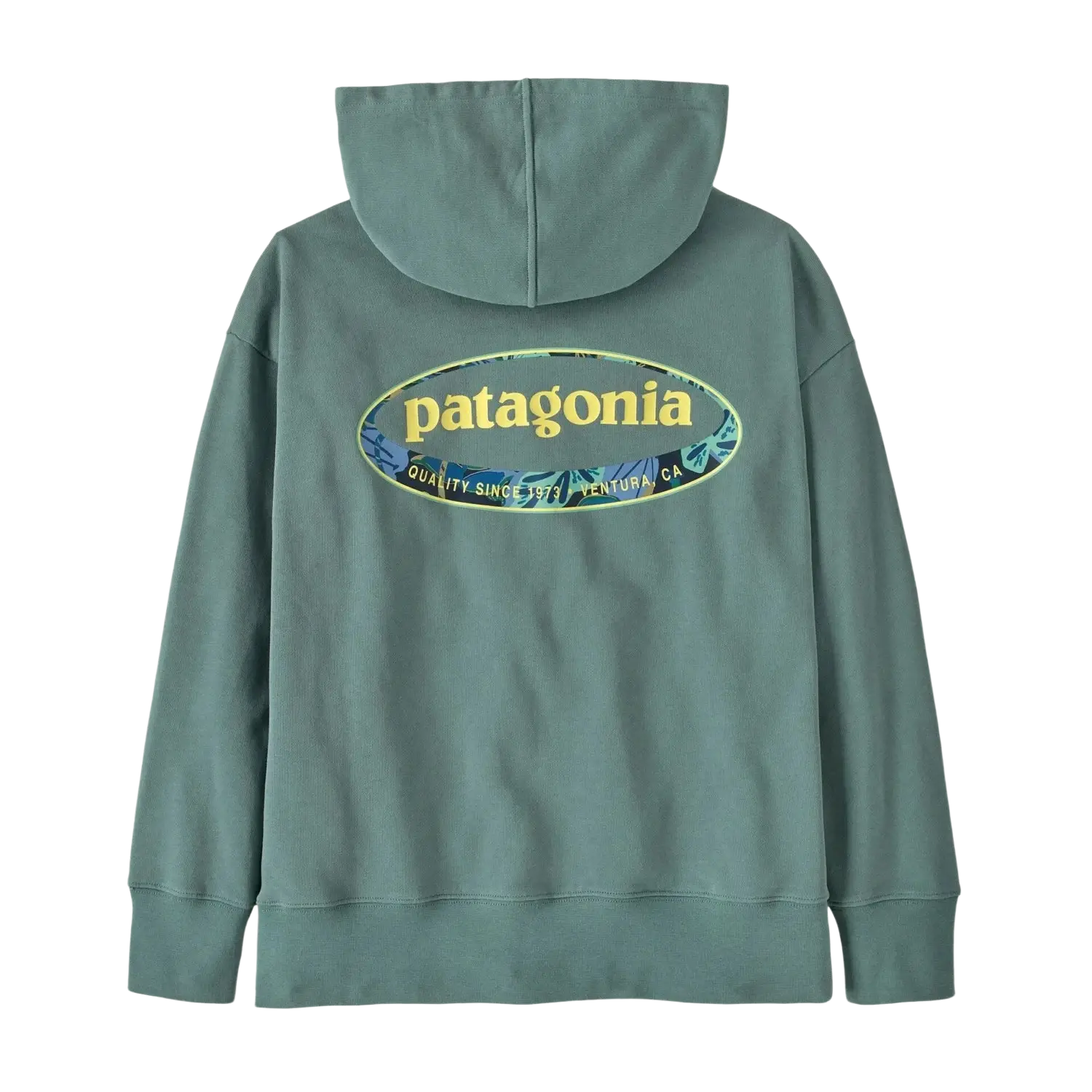 Patagonia Kid's Hoody Sweatshirt in oval logo tropiclimb & blue sage, back view