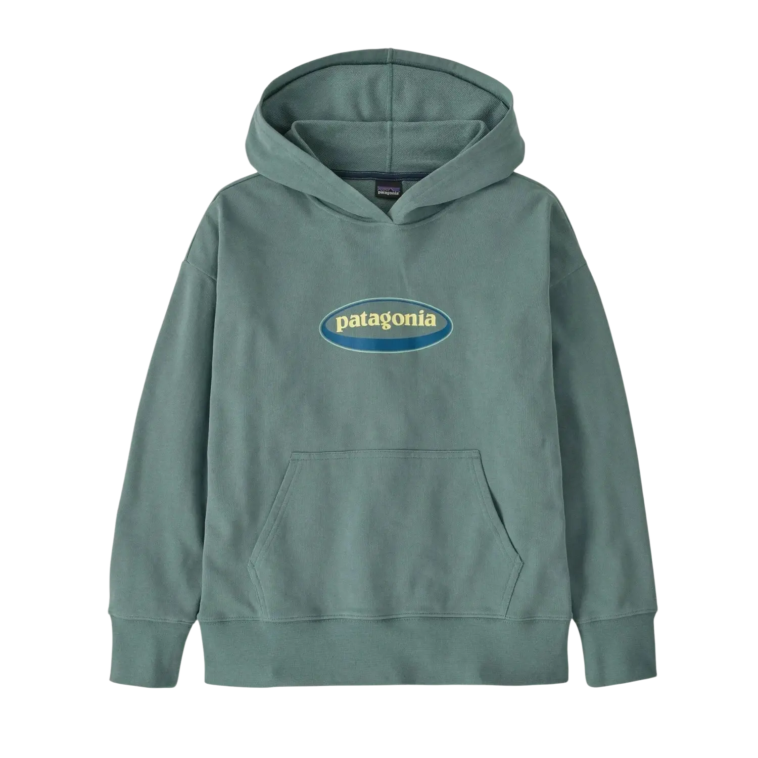 Patagonia Kid's Hoody Sweatshirt in oval logo tropiclimb & blue sage, front view