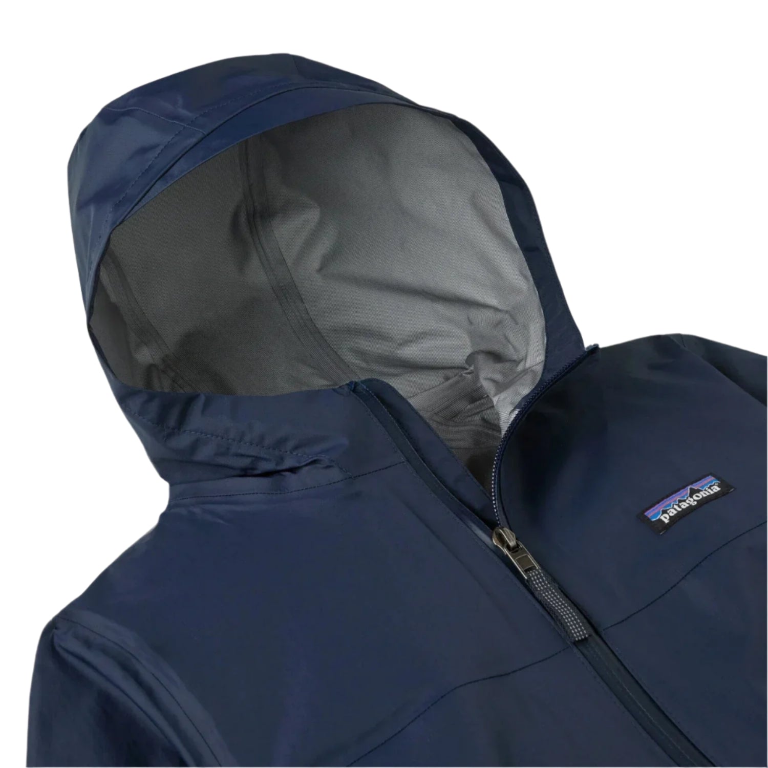 Patagonia Kid's Torrentshell 3L Rain Jacket in new navy, hood detail view