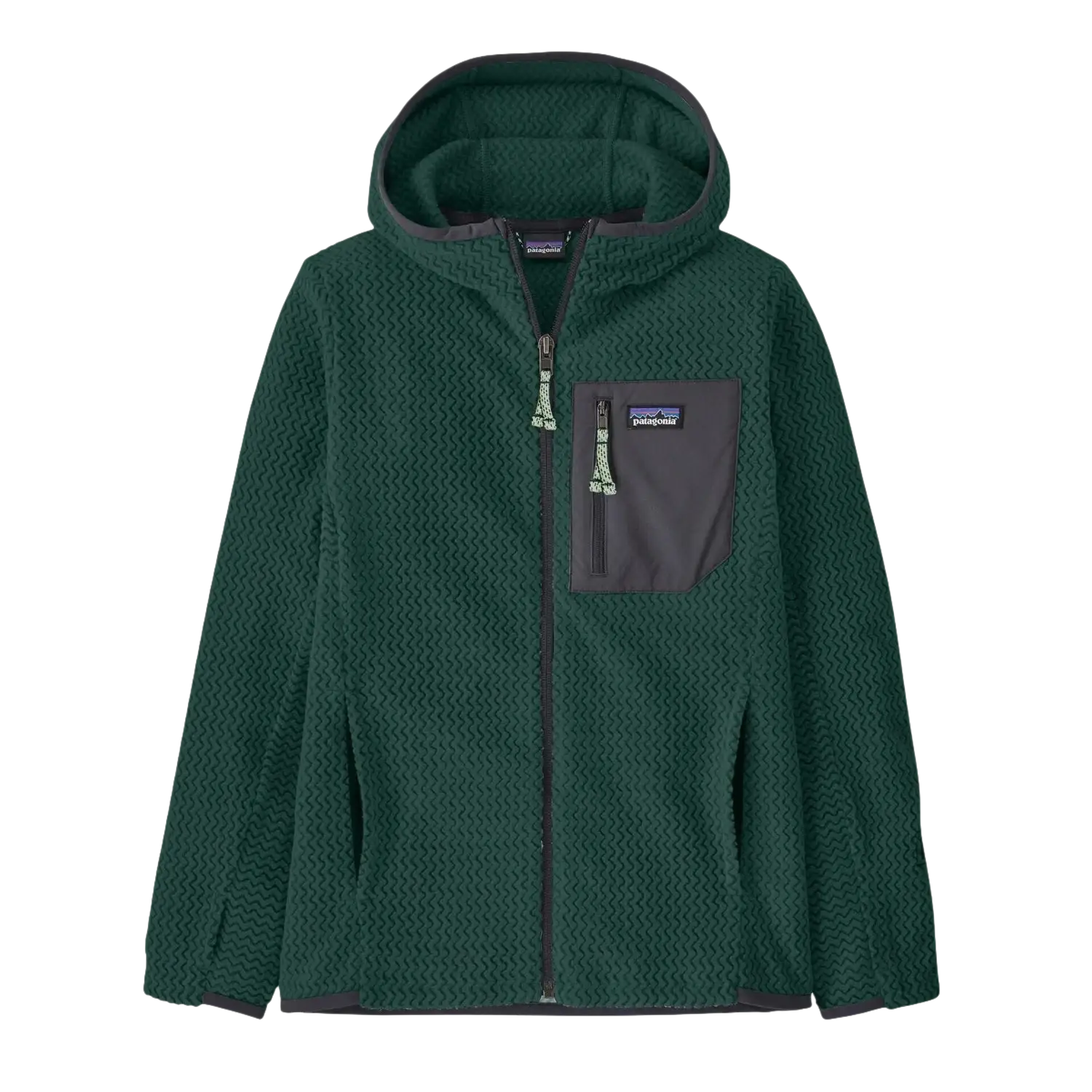 Patagonia Kids' R1® Air Full-Zip Hoody in cascade green, flat front view