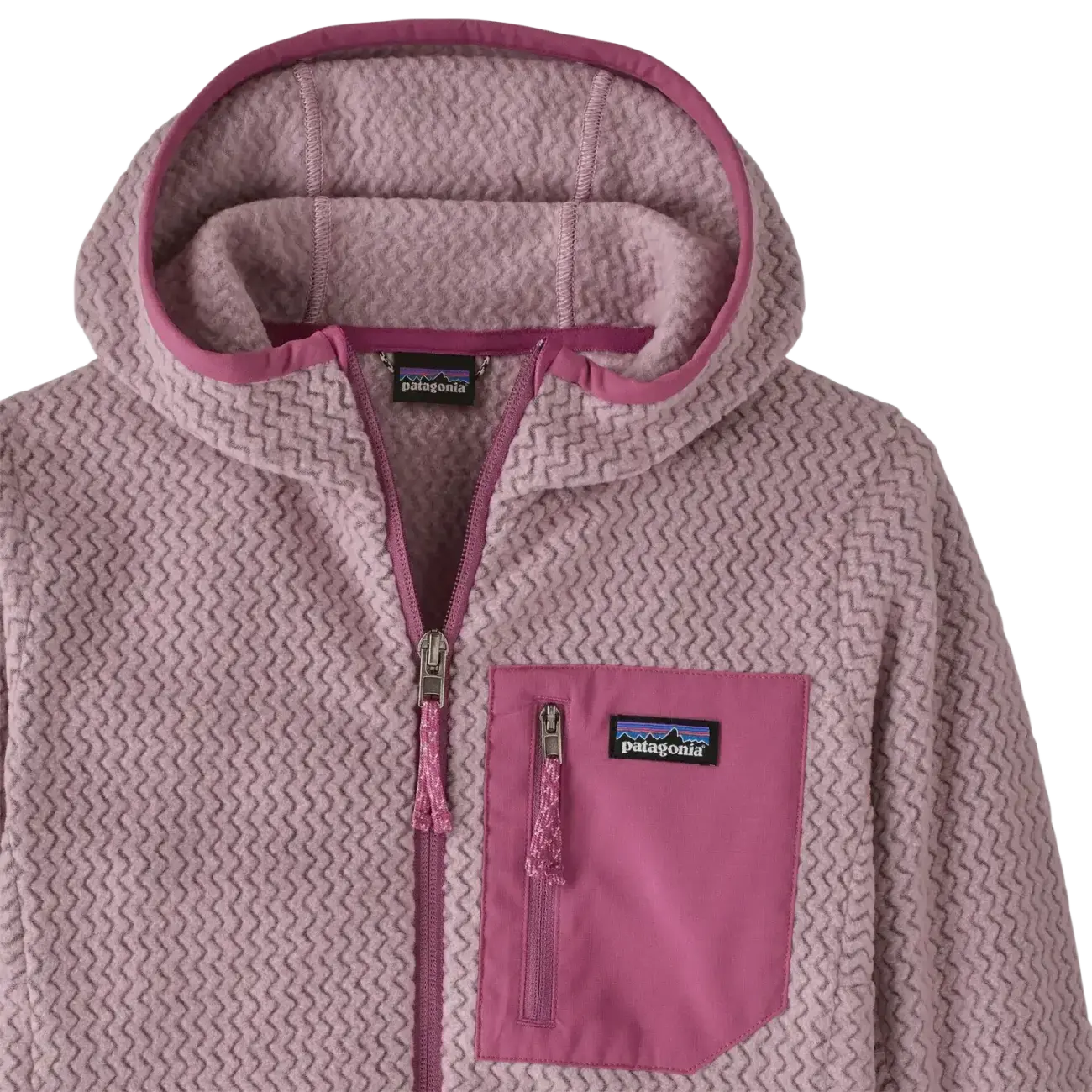 Patagonia Kids' R1® Air Full-Zip Hoody in quiet violet, front pocket detail view