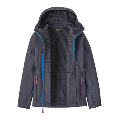 Patagonia Kid's R2® TechFace Hoody in smolder blue, flat front unzipped