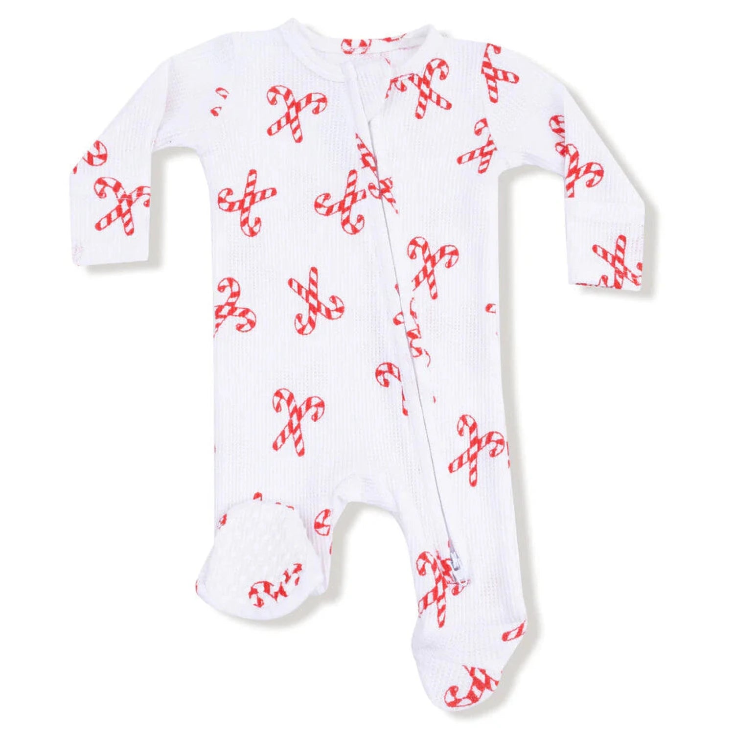 Angel Dear Baby 2 Way Zipper Footie in candy canes, flat front view