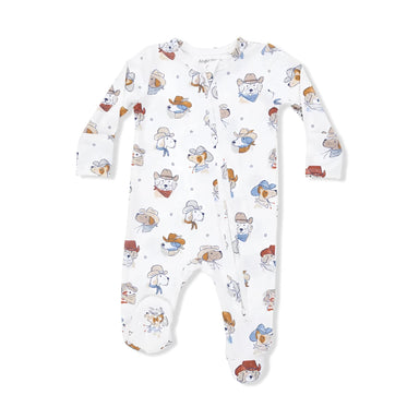 Angel Dear Baby 2 Way Zipper Footie in beige cowdogs, front view