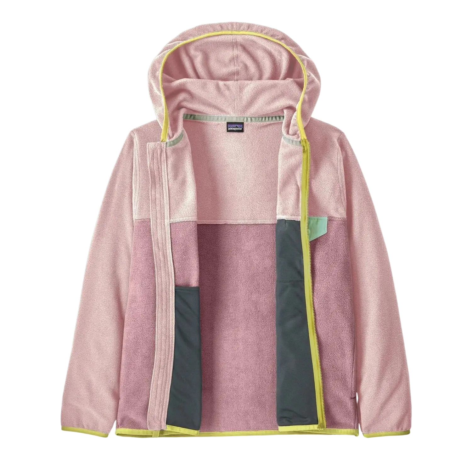 Patagonia Kids' Micro D® Snap-T® Fleece Jacket in quiet violet, front view unzipped