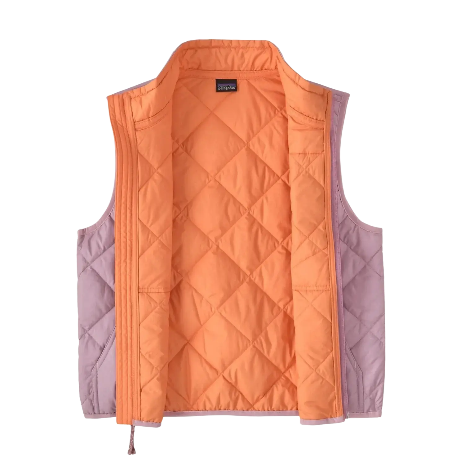 Patagonia Kid's Diamond Quilted Vest in quiet violet, flat front view unzipped