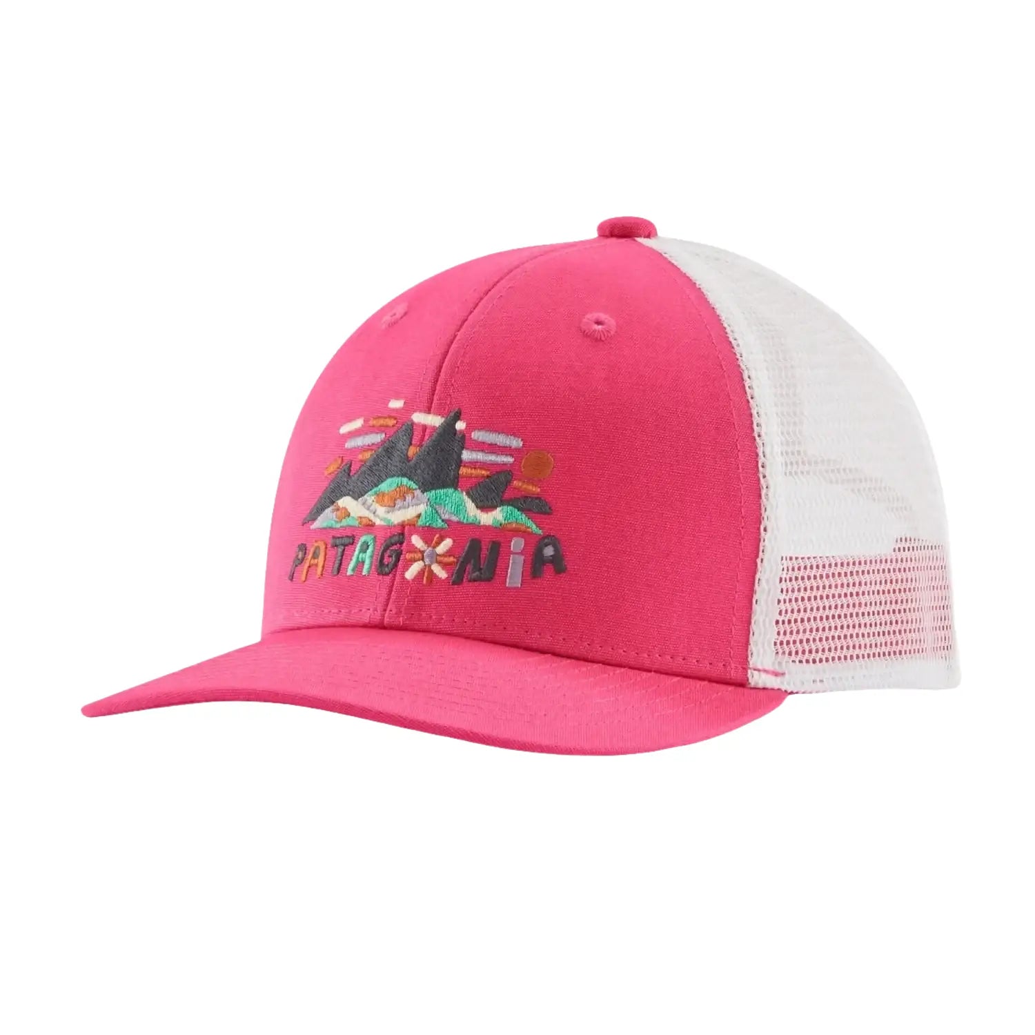 Patagonia Kids' Trucker Hat in fitz roy superbloom & luminous pink, front view