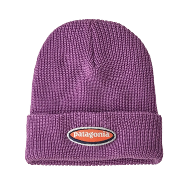 Patagonia Kid's Logo Beanie in oval logo & brisk purple, front view
