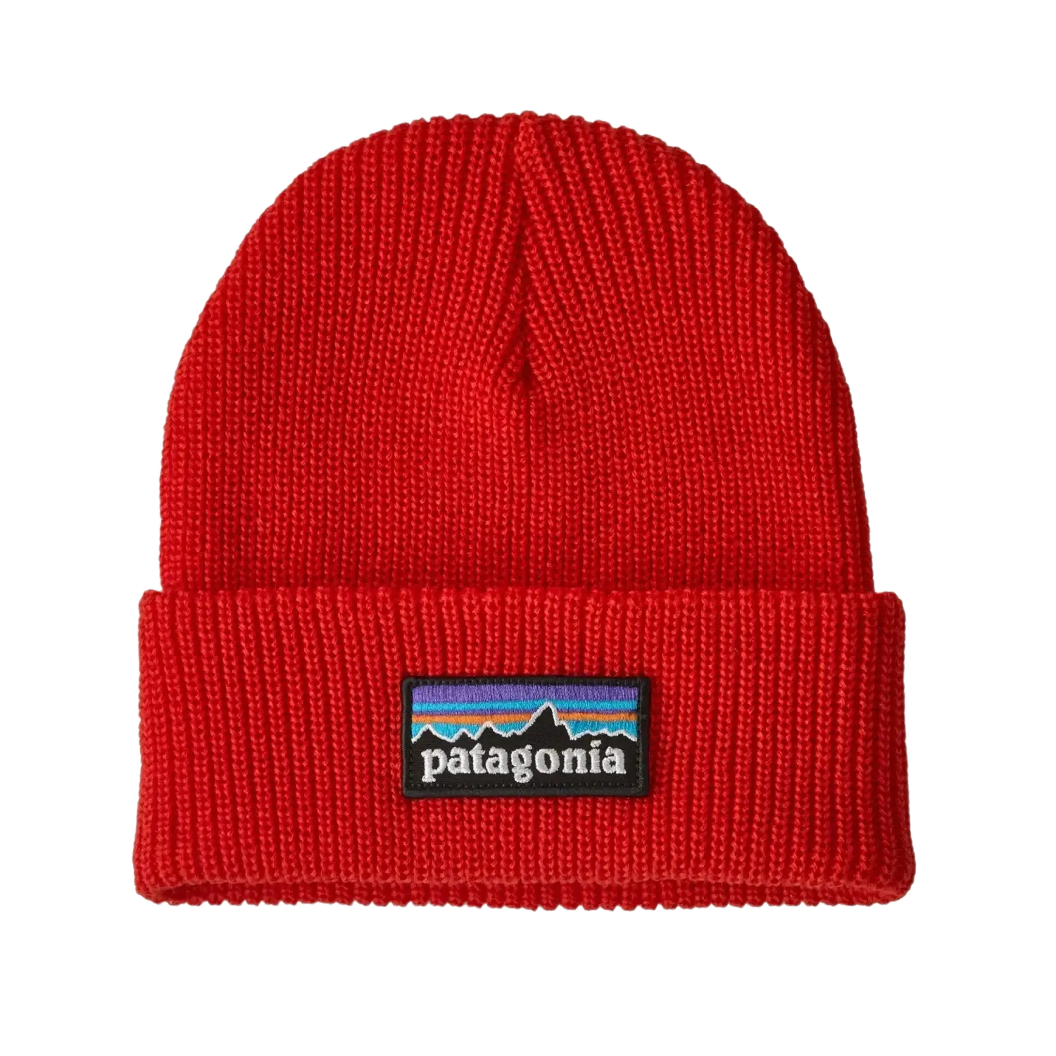 Patagonia Kid's Logo Beanie in p-6 logo & sizzle red, front view