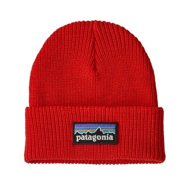 Patagonia Kid's Logo Beanie in p-6 logo & sizzle red, front view