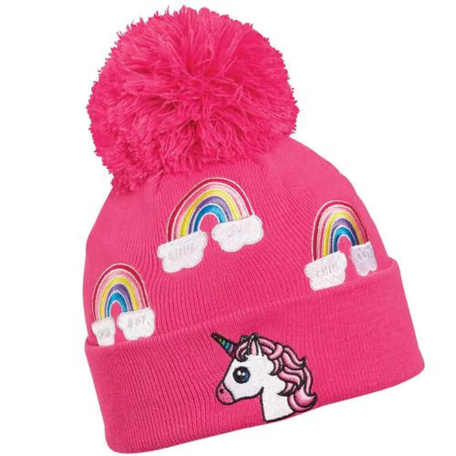 Turtle Fur's Unicorn Pom Hat in Bright Pink with Bright Pink Pom on top.  Three rainbows with clouds on the cap with the unicorn on the fold.