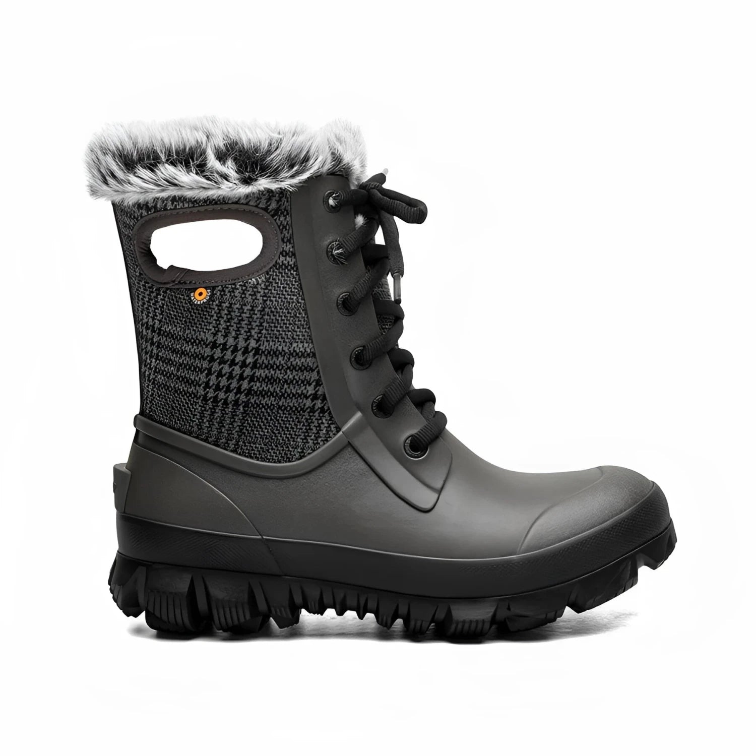 BOGS Women's Arcata Plaid Winter Boots in cement plaid, side view