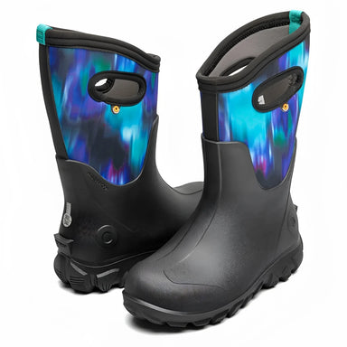 BOGS Kid's Classic Seamless Northern Lights Boots in black multi, pair front and back view