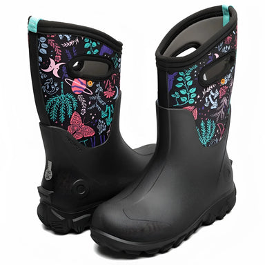 BOGS Kid's Classic Seamless Cosmic Forest Boot in black multi, pair front and back view