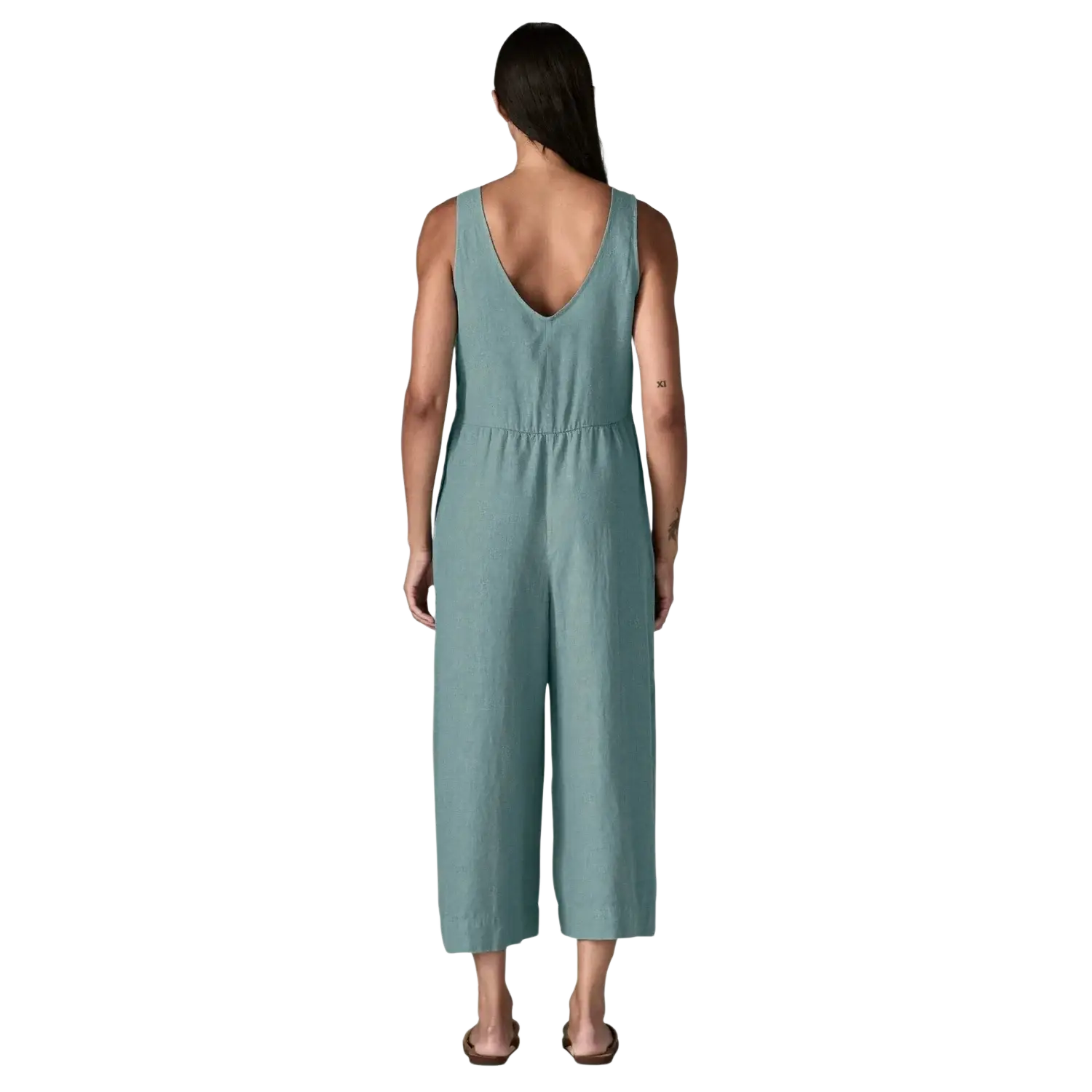 Patagonia Women's Garden Island Jumpsuit in whole weave blue sage, on model back view